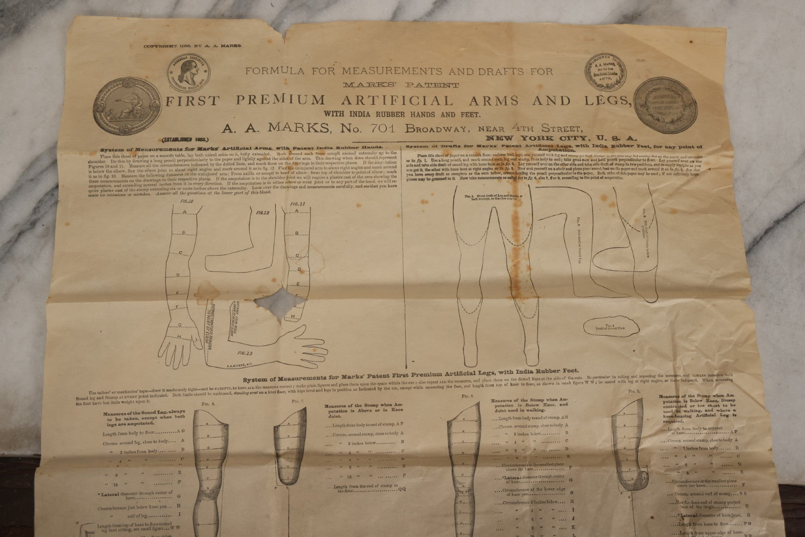 Lot 008 - Antique Medical Broadside Ordering Form And Instructions For "Mark's Patent First Premium Artificial Arms And Legs," Copyright A.A. Marks, 1885, New York City