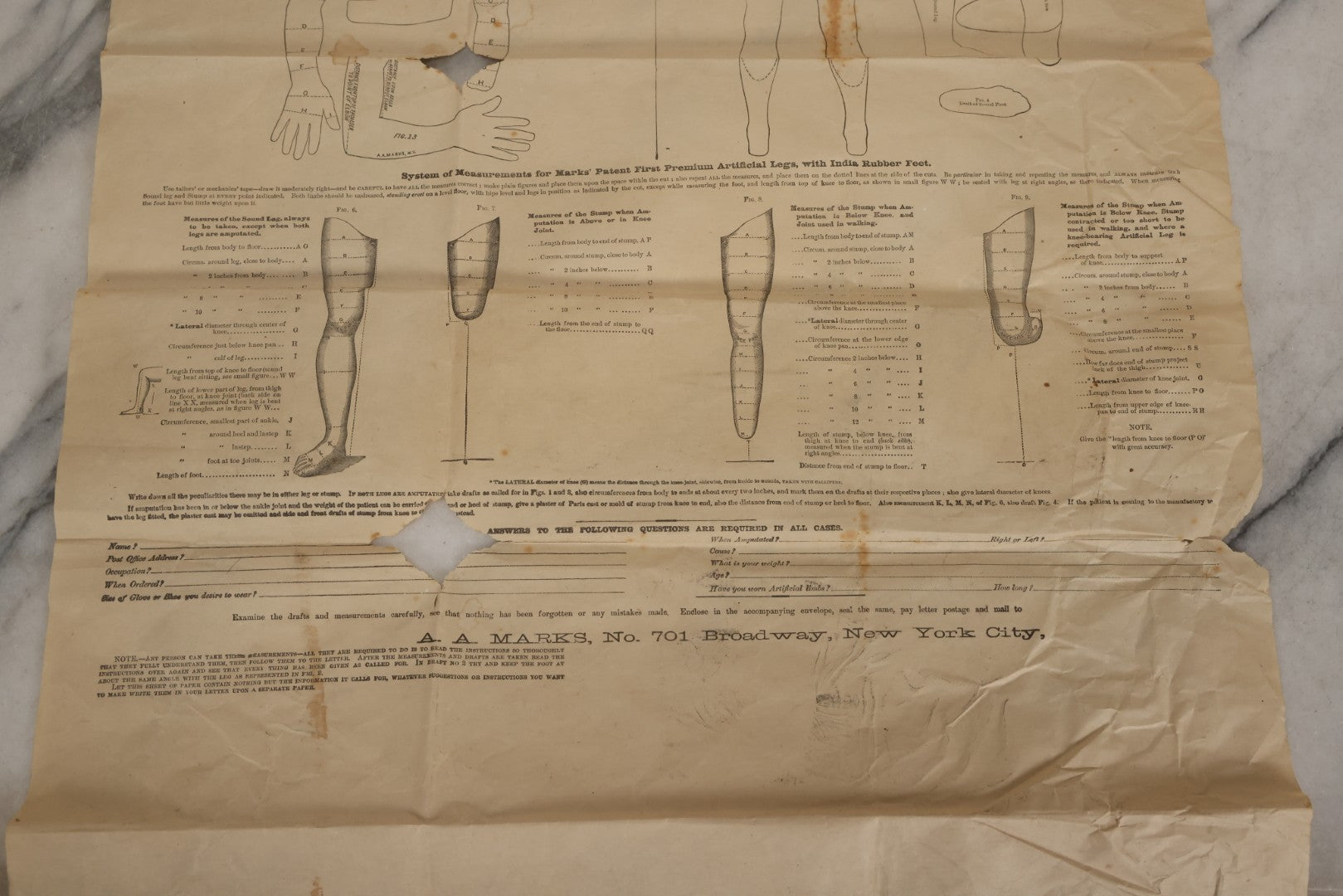 Lot 008 - Antique Medical Broadside Ordering Form And Instructions For "Mark's Patent First Premium Artificial Arms And Legs," Copyright A.A. Marks, 1885, New York City