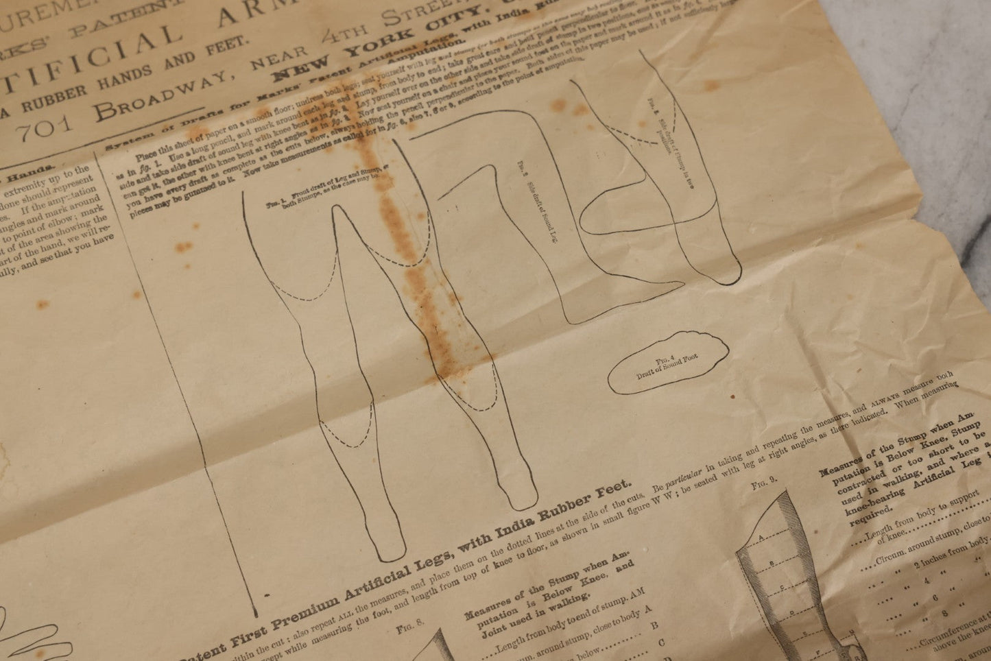Lot 008 - Antique Medical Broadside Ordering Form And Instructions For "Mark's Patent First Premium Artificial Arms And Legs," Copyright A.A. Marks, 1885, New York City