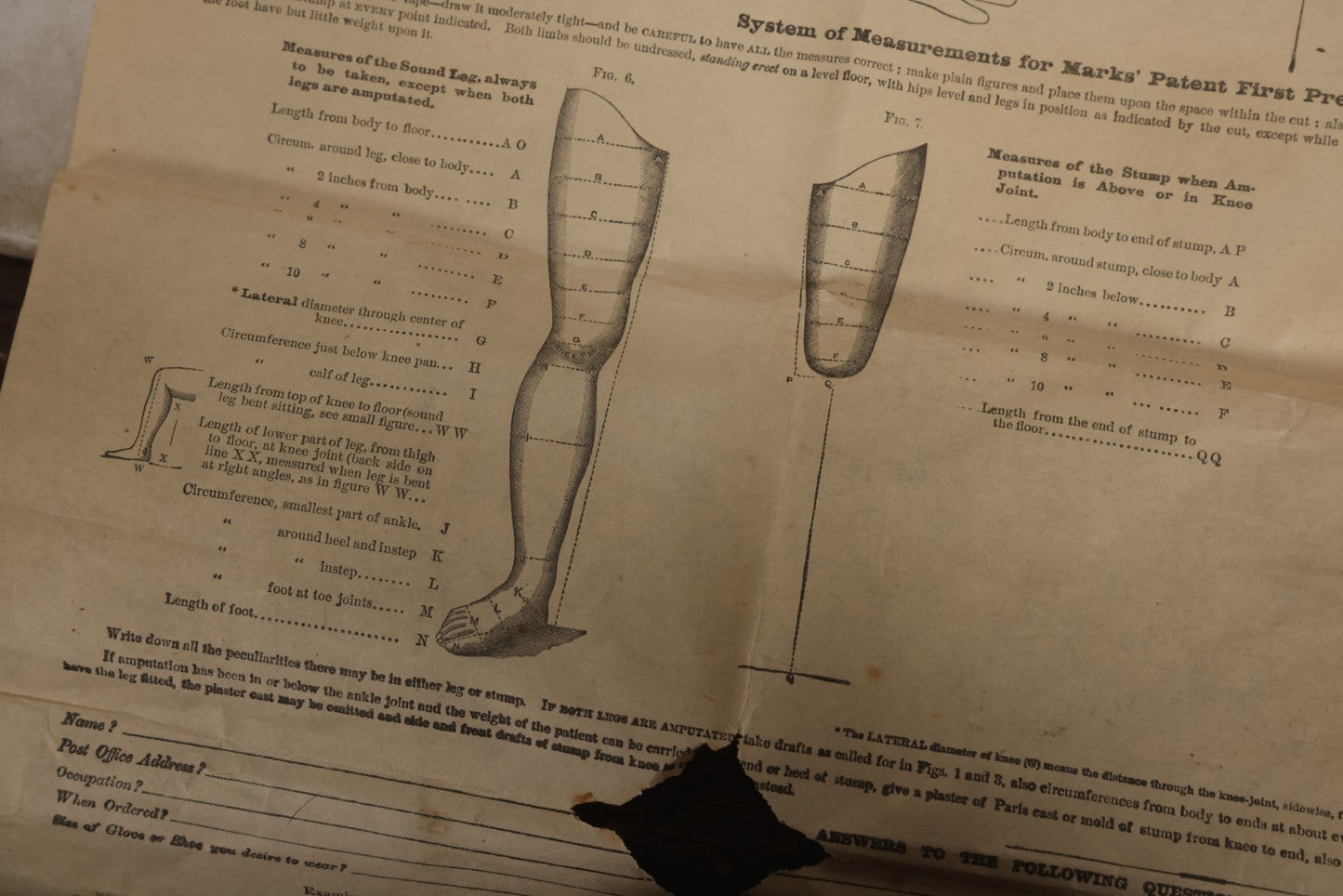 Lot 008 - Antique Medical Broadside Ordering Form And Instructions For "Mark's Patent First Premium Artificial Arms And Legs," Copyright A.A. Marks, 1885, New York City