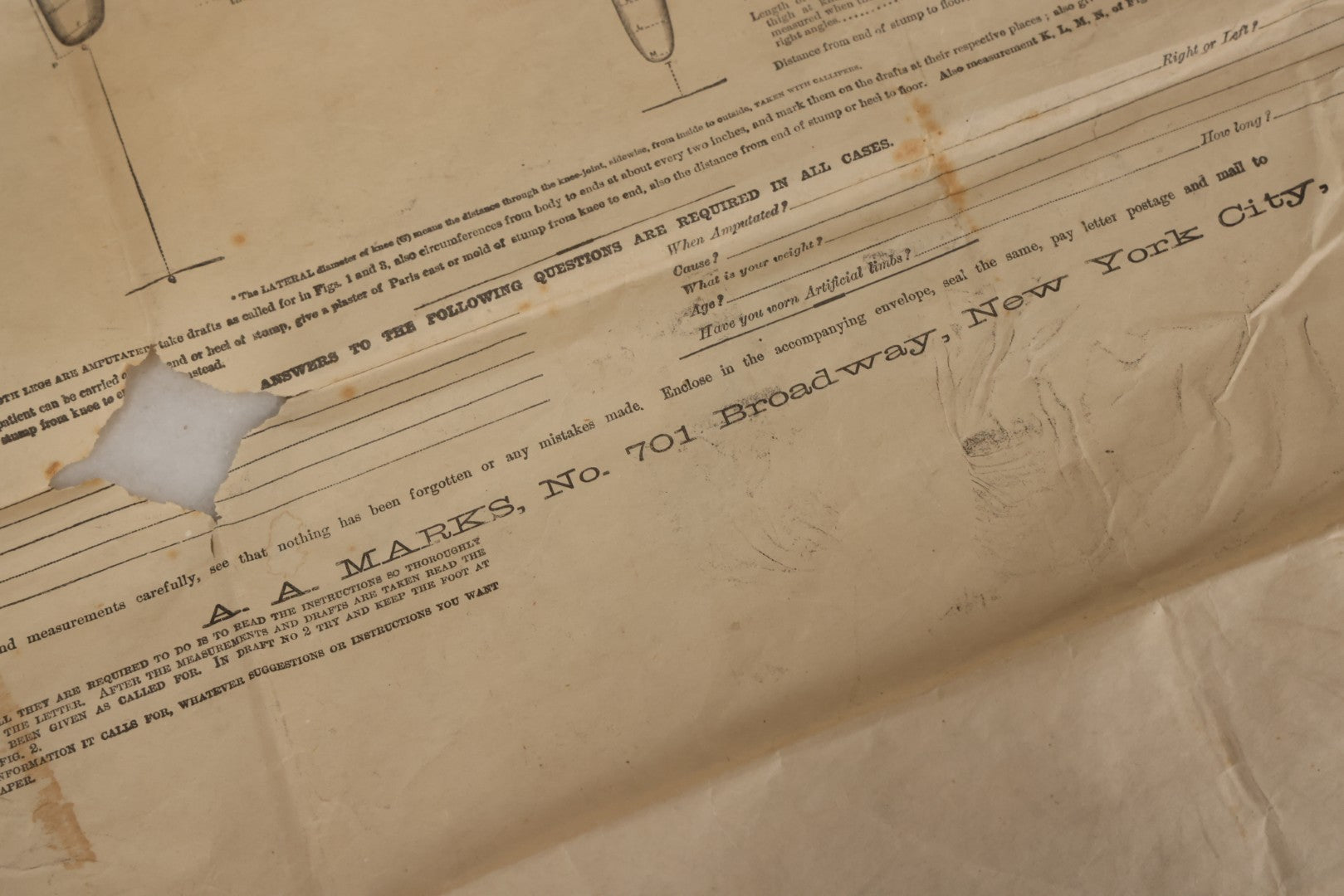 Lot 008 - Antique Medical Broadside Ordering Form And Instructions For "Mark's Patent First Premium Artificial Arms And Legs," Copyright A.A. Marks, 1885, New York City