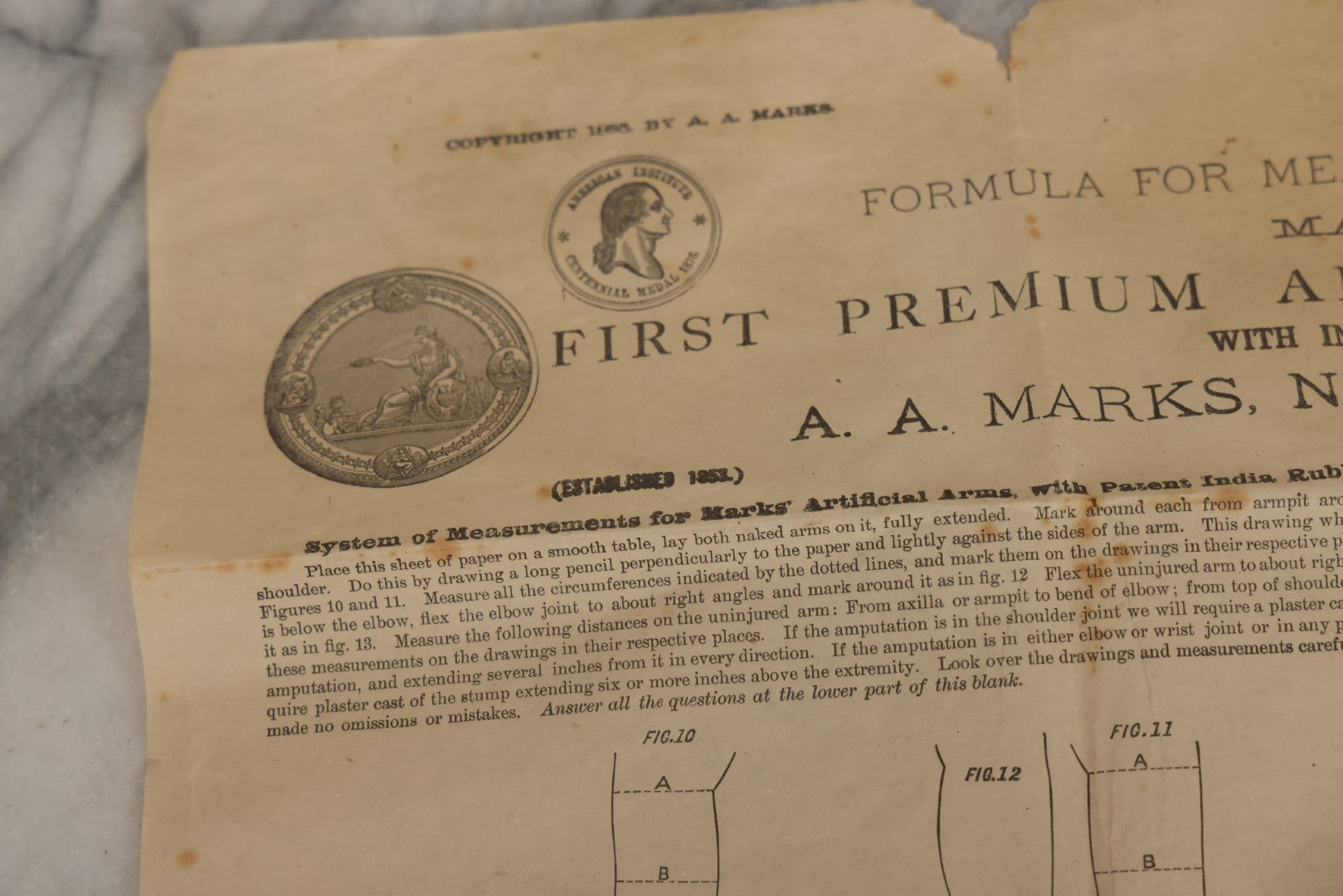 Lot 008 - Antique Medical Broadside Ordering Form And Instructions For "Mark's Patent First Premium Artificial Arms And Legs," Copyright A.A. Marks, 1885, New York City