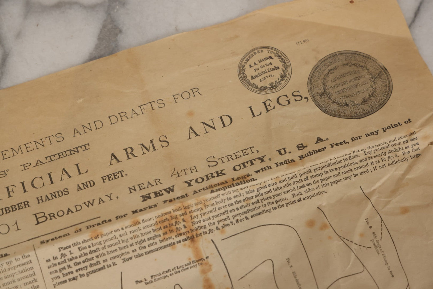 Lot 008 - Antique Medical Broadside Ordering Form And Instructions For "Mark's Patent First Premium Artificial Arms And Legs," Copyright A.A. Marks, 1885, New York City
