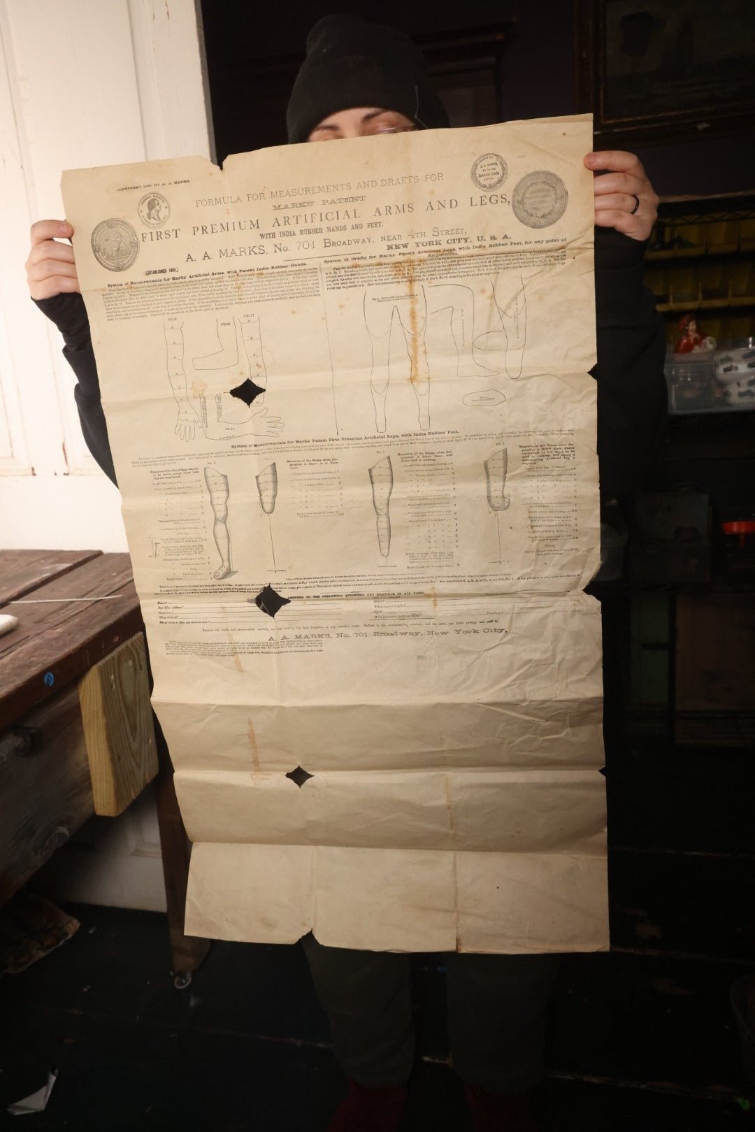Lot 008 - Antique Medical Broadside Ordering Form And Instructions For "Mark's Patent First Premium Artificial Arms And Legs," Copyright A.A. Marks, 1885, New York City