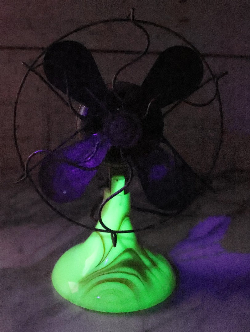 Lot 009 - Vintage Electric Desk Fan With Wavy Wire Cage And Green And Brown Slag Glass Base, Glows Under Black Light, Working Condition, 11-3/4" H