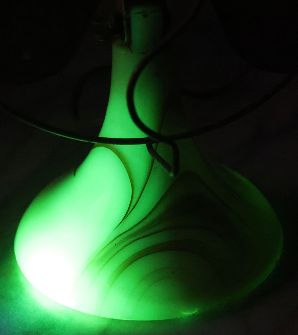 Lot 009 - Vintage Electric Desk Fan With Wavy Wire Cage And Green And Brown Slag Glass Base, Glows Under Black Light, Working Condition, 11-3/4" H