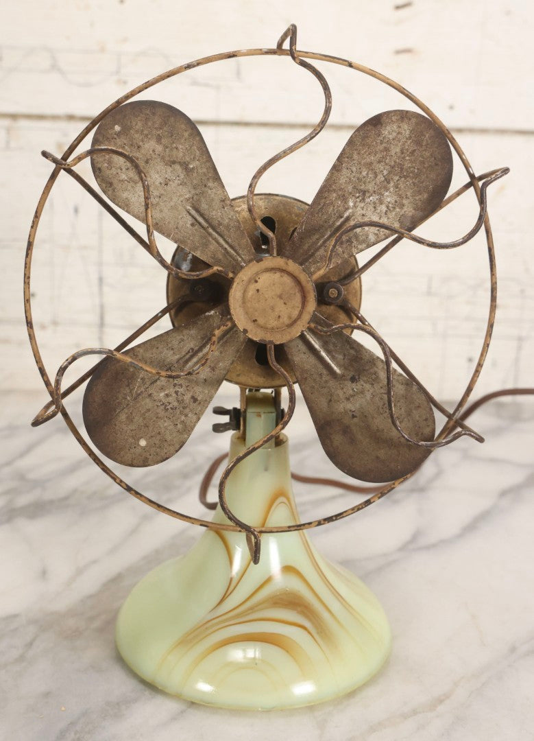 Lot 009 - Vintage Electric Desk Fan With Wavy Wire Cage And Green And Brown Slag Glass Base, Glows Under Black Light, Working Condition, 11-3/4" H