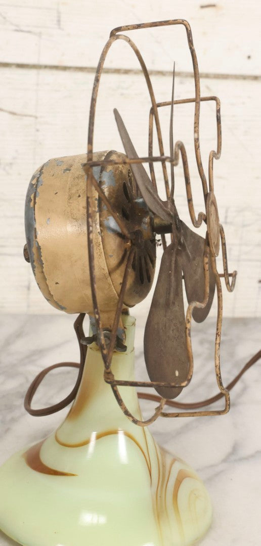 Lot 009 - Vintage Electric Desk Fan With Wavy Wire Cage And Green And Brown Slag Glass Base, Glows Under Black Light, Working Condition, 11-3/4" H