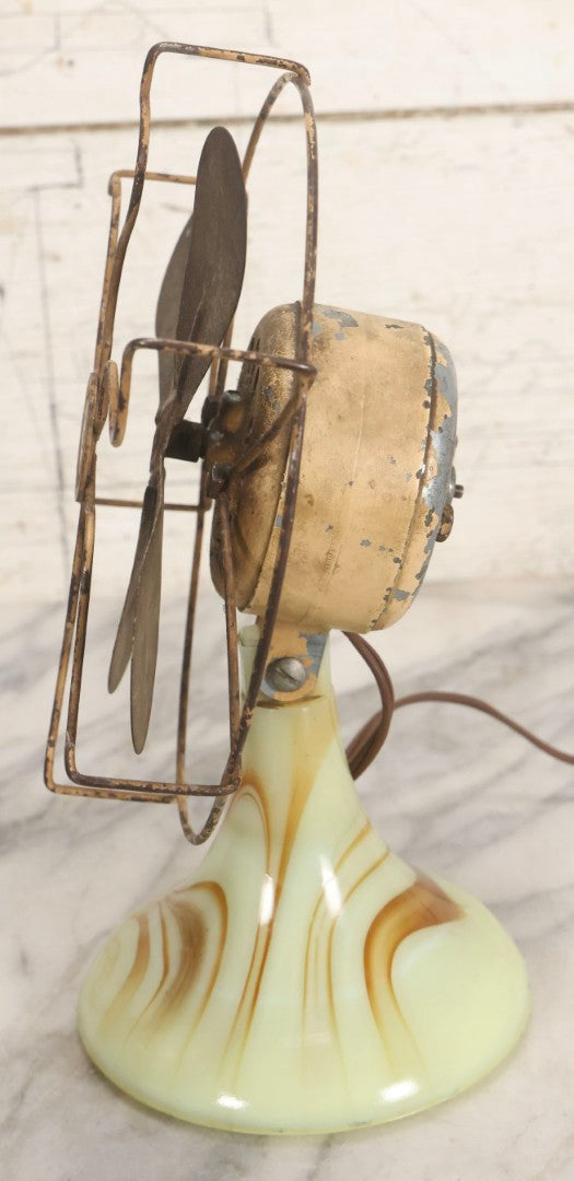 Lot 009 - Vintage Electric Desk Fan With Wavy Wire Cage And Green And Brown Slag Glass Base, Glows Under Black Light, Working Condition, 11-3/4" H
