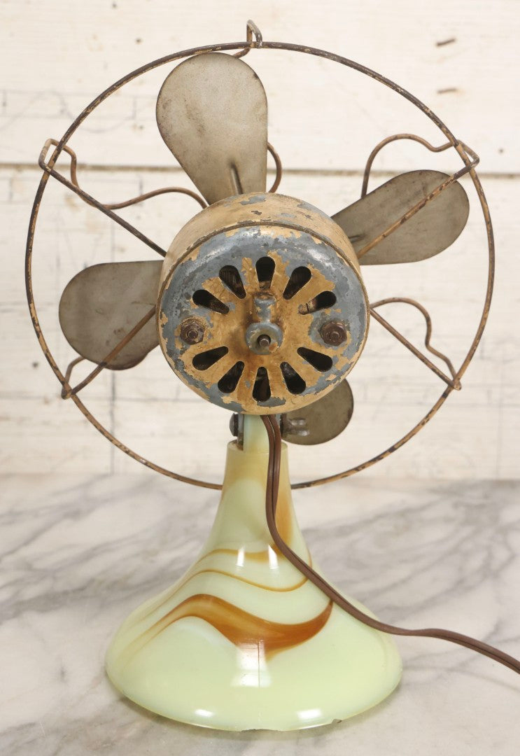 Lot 009 - Vintage Electric Desk Fan With Wavy Wire Cage And Green And Brown Slag Glass Base, Glows Under Black Light, Working Condition, 11-3/4" H
