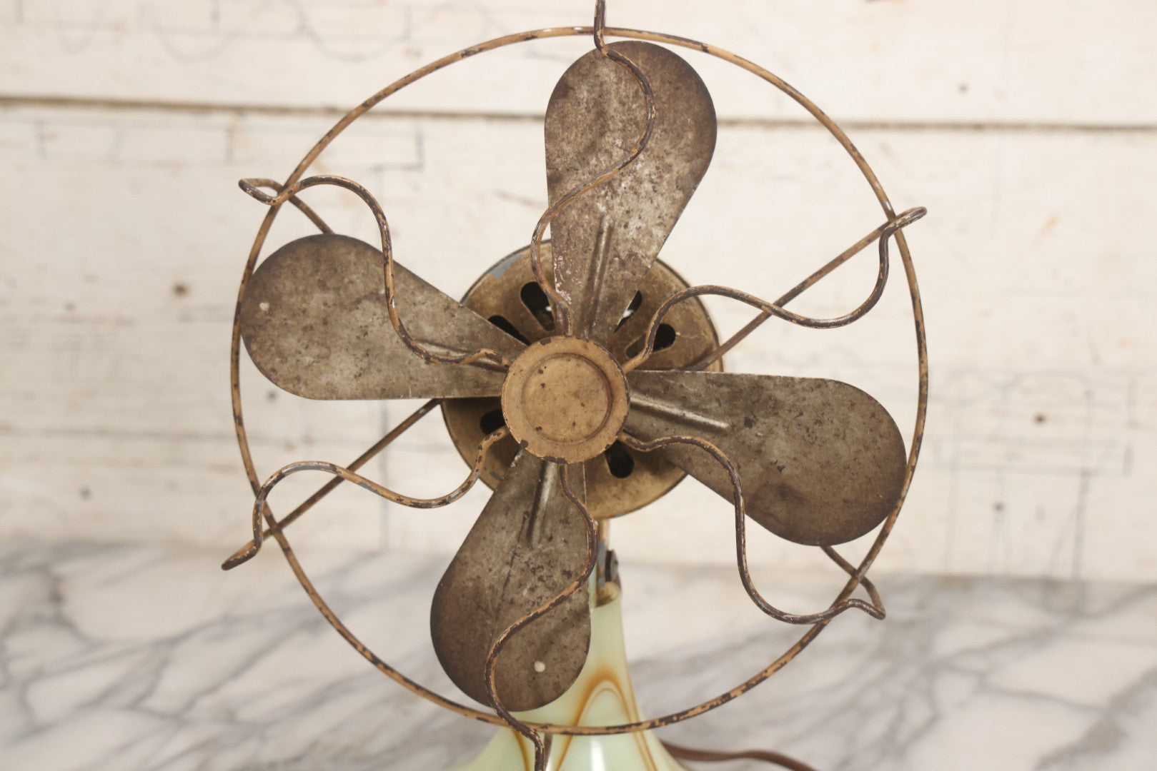 Lot 009 - Vintage Electric Desk Fan With Wavy Wire Cage And Green And Brown Slag Glass Base, Glows Under Black Light, Working Condition, 11-3/4" H