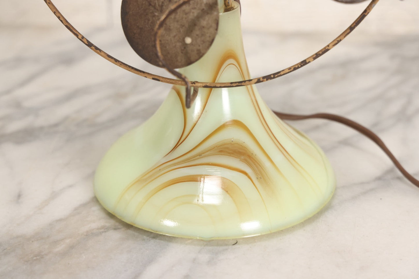 Lot 009 - Vintage Electric Desk Fan With Wavy Wire Cage And Green And Brown Slag Glass Base, Glows Under Black Light, Working Condition, 11-3/4" H