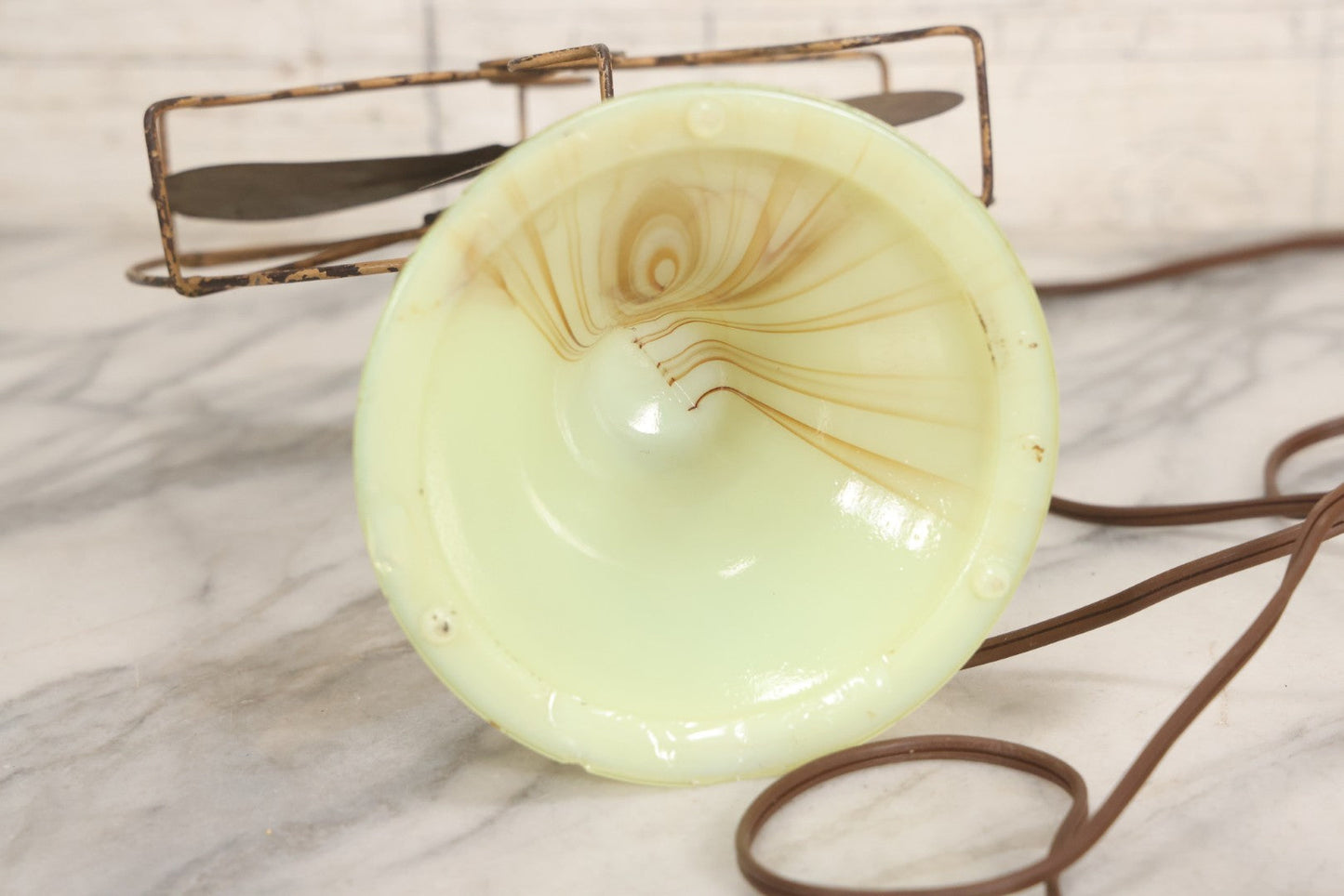 Lot 009 - Vintage Electric Desk Fan With Wavy Wire Cage And Green And Brown Slag Glass Base, Glows Under Black Light, Working Condition, 11-3/4" H