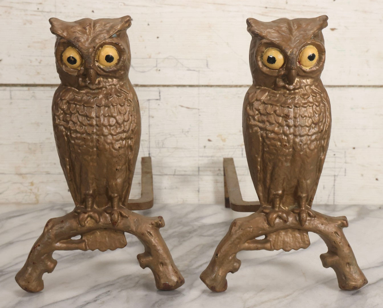 Lot 010 - Pair Of Antique Gold-Painted Cast Iron Owl Andirons With Painted Eyes, 13-7/8" H Each