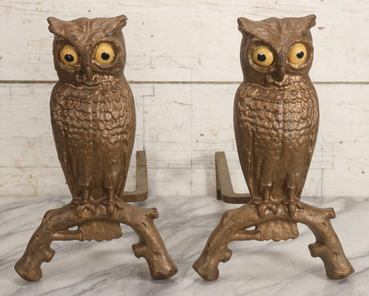 Lot 010 - Pair Of Antique Gold-Painted Cast Iron Owl Andirons With Painted Eyes, 13-7/8" H Each