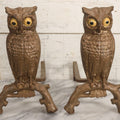 Lot 010 - Pair Of Antique Gold-Painted Cast Iron Owl Andirons With Painted Eyes, 13-7/8" H Each