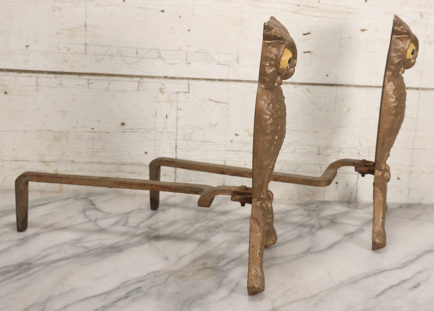 Lot 010 - Pair Of Antique Gold-Painted Cast Iron Owl Andirons With Painted Eyes, 13-7/8" H Each