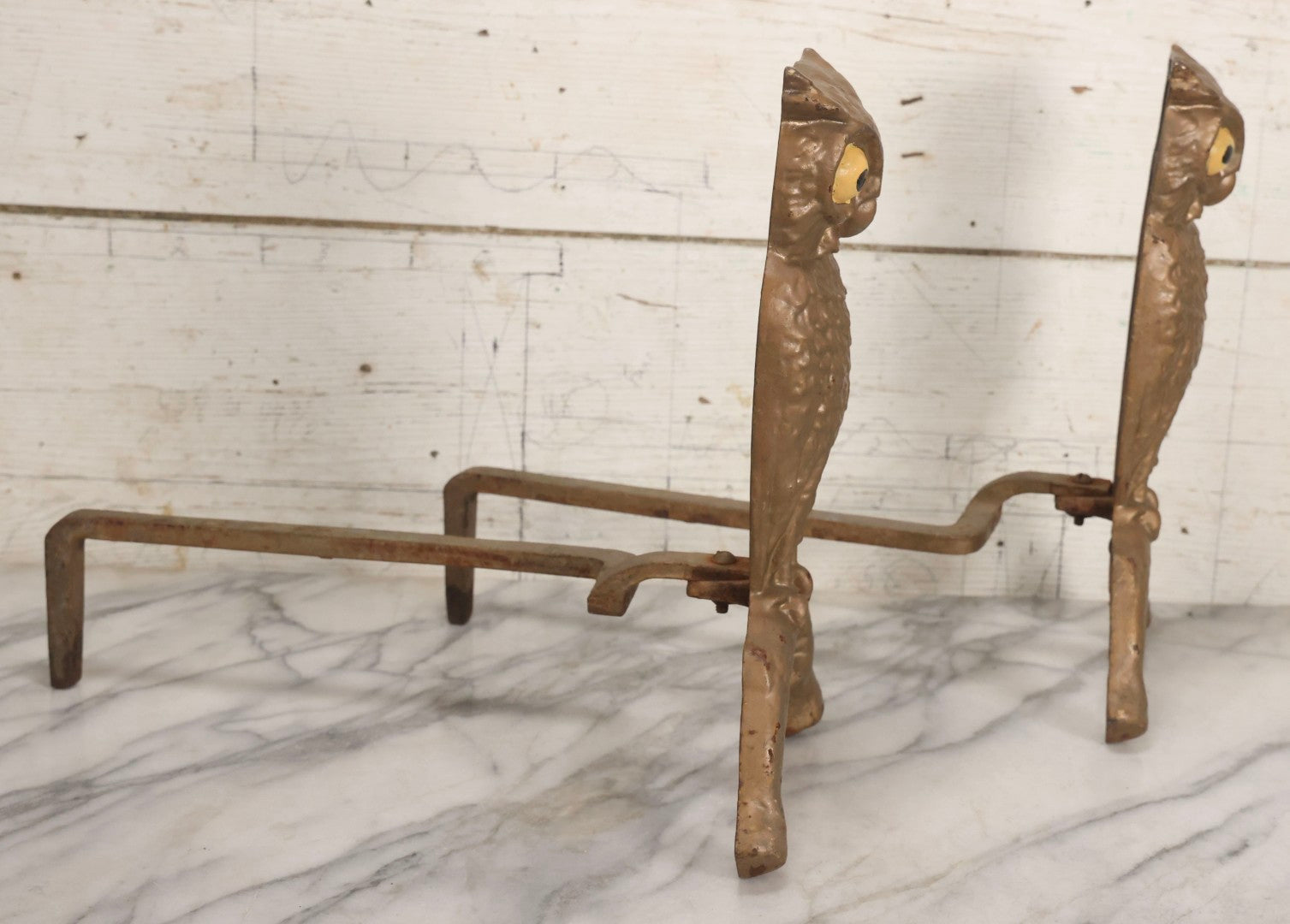 Lot 010 - Pair Of Antique Gold-Painted Cast Iron Owl Andirons With Painted Eyes, 13-7/8" H Each