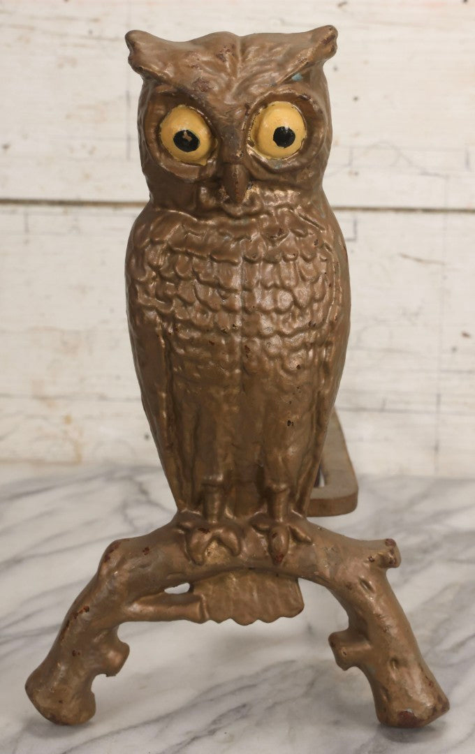 Lot 010 - Pair Of Antique Gold-Painted Cast Iron Owl Andirons With Painted Eyes, 13-7/8" H Each