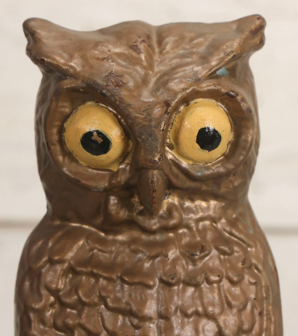 Lot 010 - Pair Of Antique Gold-Painted Cast Iron Owl Andirons With Painted Eyes, 13-7/8" H Each