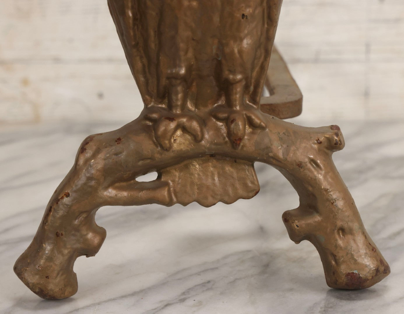 Lot 010 - Pair Of Antique Gold-Painted Cast Iron Owl Andirons With Painted Eyes, 13-7/8" H Each