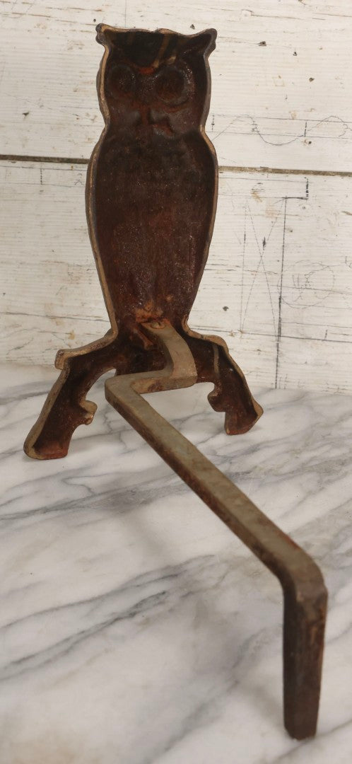 Lot 010 - Pair Of Antique Gold-Painted Cast Iron Owl Andirons With Painted Eyes, 13-7/8" H Each