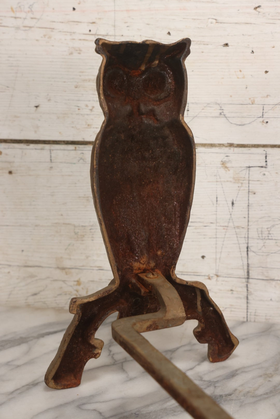 Lot 010 - Pair Of Antique Gold-Painted Cast Iron Owl Andirons With Painted Eyes, 13-7/8" H Each
