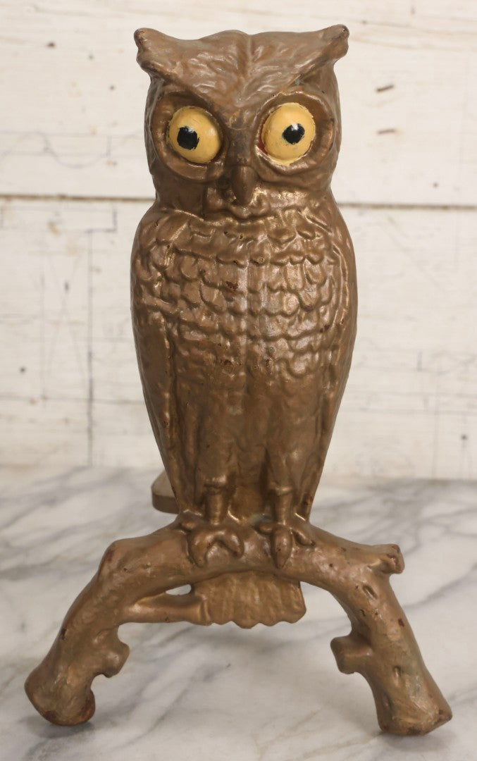 Lot 010 - Pair Of Antique Gold-Painted Cast Iron Owl Andirons With Painted Eyes, 13-7/8" H Each