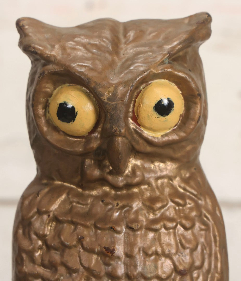 Lot 010 - Pair Of Antique Gold-Painted Cast Iron Owl Andirons With Painted Eyes, 13-7/8" H Each