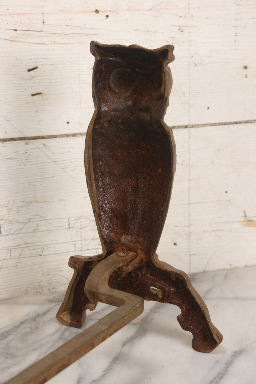 Lot 010 - Pair Of Antique Gold-Painted Cast Iron Owl Andirons With Painted Eyes, 13-7/8" H Each