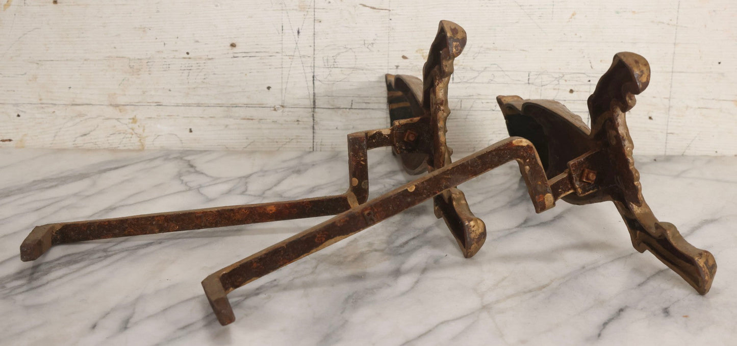 Lot 010 - Pair Of Antique Gold-Painted Cast Iron Owl Andirons With Painted Eyes, 13-7/8" H Each