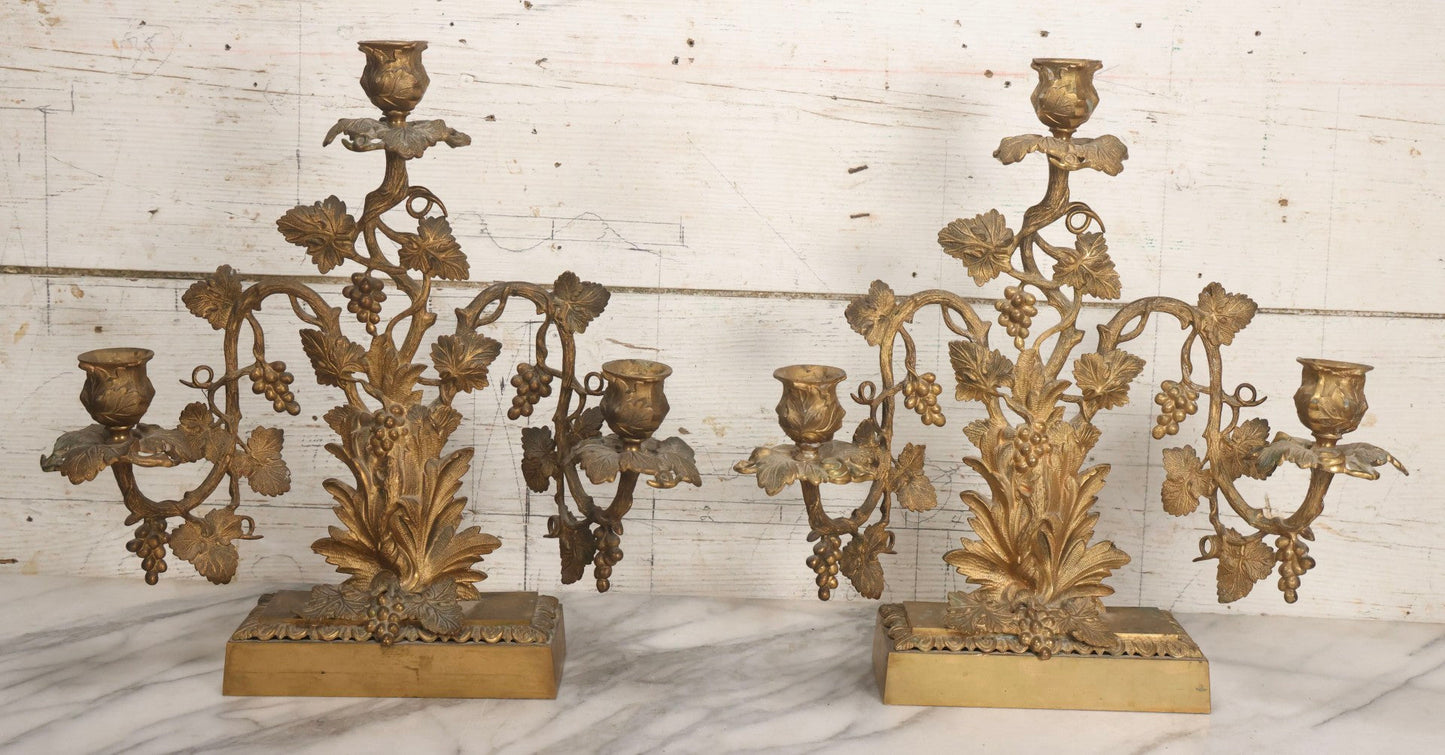 Lot 011 - Pair Of Antique Brass Three-Arm Girandole Candelabras With Grape Leaf And Vine Motif, Circa Late 19th Century, 15-1/4" H Each