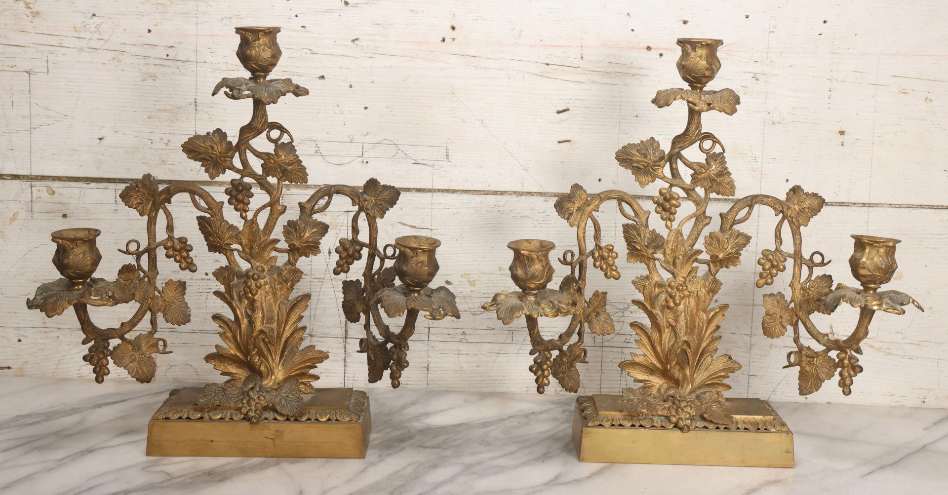 Lot 011 - Pair Of Antique Brass Three-Arm Girandole Candelabras With Grape Leaf And Vine Motif, Circa Late 19th Century, 15-1/4" H Each