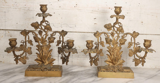 Lot 011 - Pair Of Antique Brass Three-Arm Girandole Candelabras With Grape Leaf And Vine Motif, Circa Late 19th Century, 15-1/4" H Each