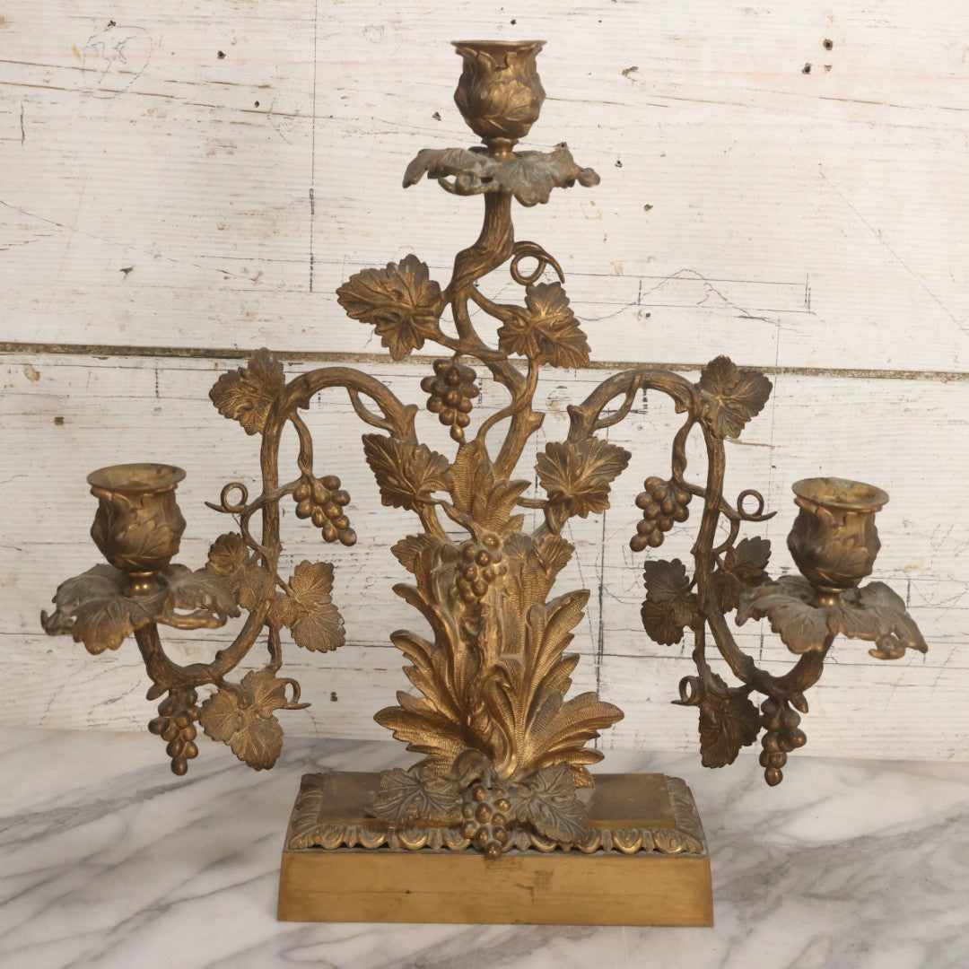Lot 011 - Pair Of Antique Brass Three-Arm Girandole Candelabras With Grape Leaf And Vine Motif, Circa Late 19th Century, 15-1/4" H Each