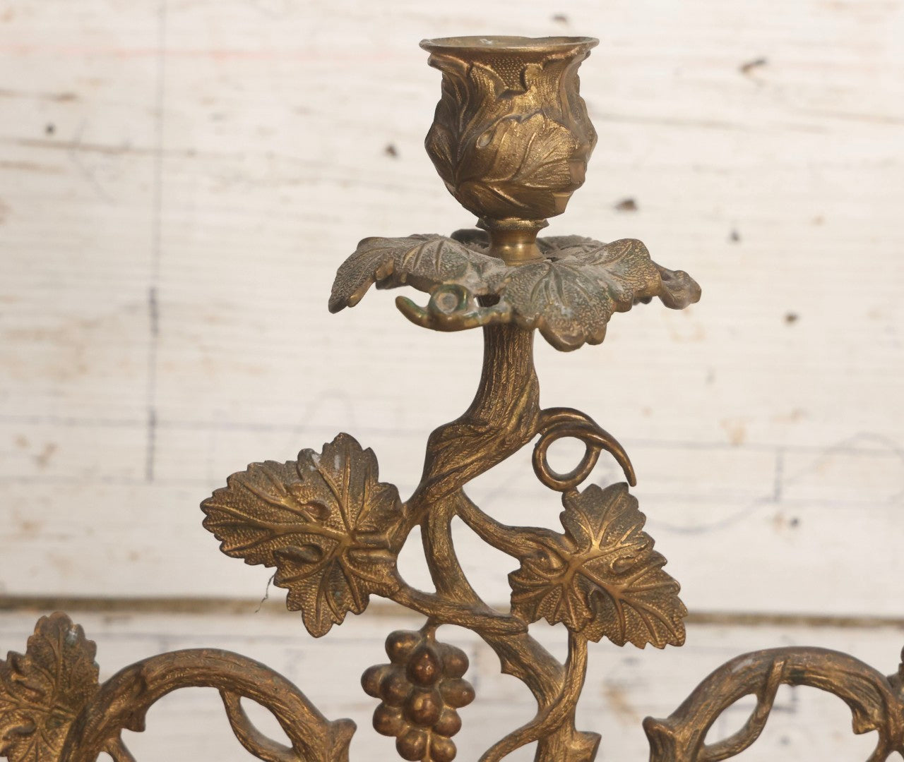 Lot 011 - Pair Of Antique Brass Three-Arm Girandole Candelabras With Grape Leaf And Vine Motif, Circa Late 19th Century, 15-1/4" H Each