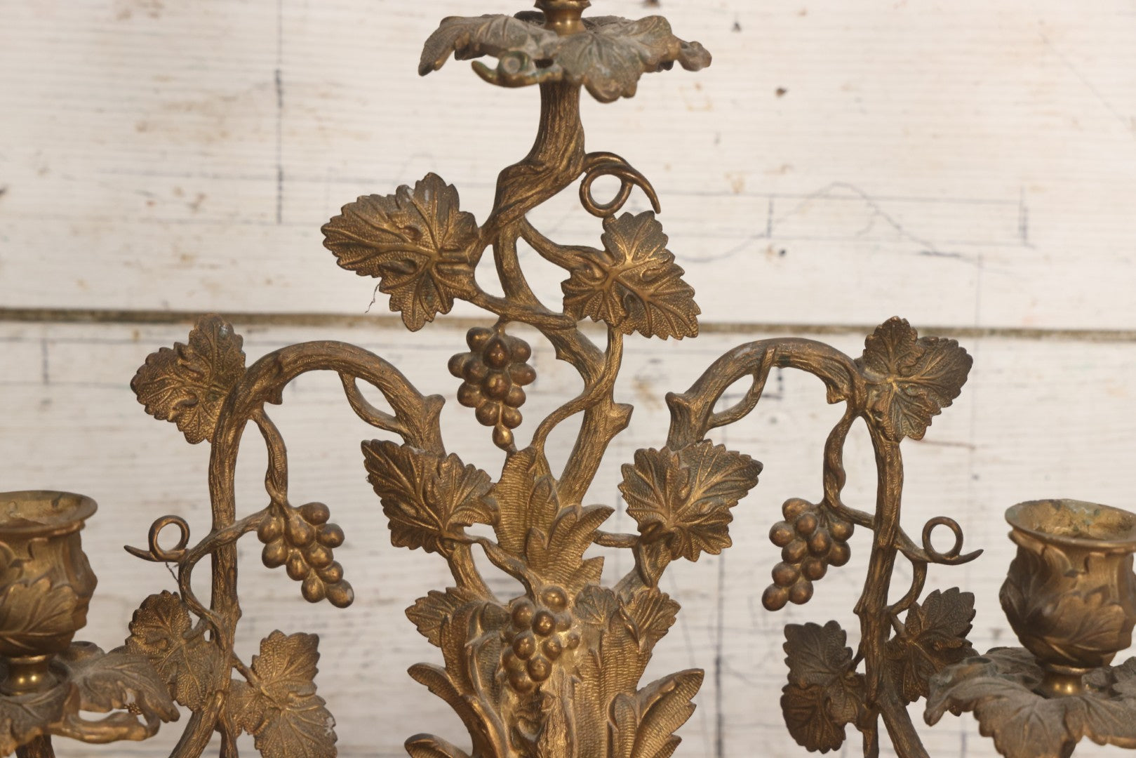 Lot 011 - Pair Of Antique Brass Three-Arm Girandole Candelabras With Grape Leaf And Vine Motif, Circa Late 19th Century, 15-1/4" H Each