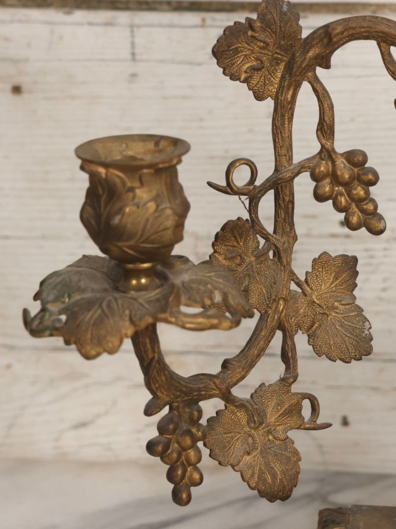 Lot 011 - Pair Of Antique Brass Three-Arm Girandole Candelabras With Grape Leaf And Vine Motif, Circa Late 19th Century, 15-1/4" H Each