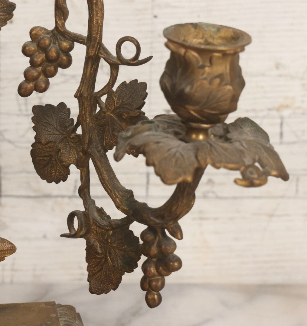 Lot 011 - Pair Of Antique Brass Three-Arm Girandole Candelabras With Grape Leaf And Vine Motif, Circa Late 19th Century, 15-1/4" H Each