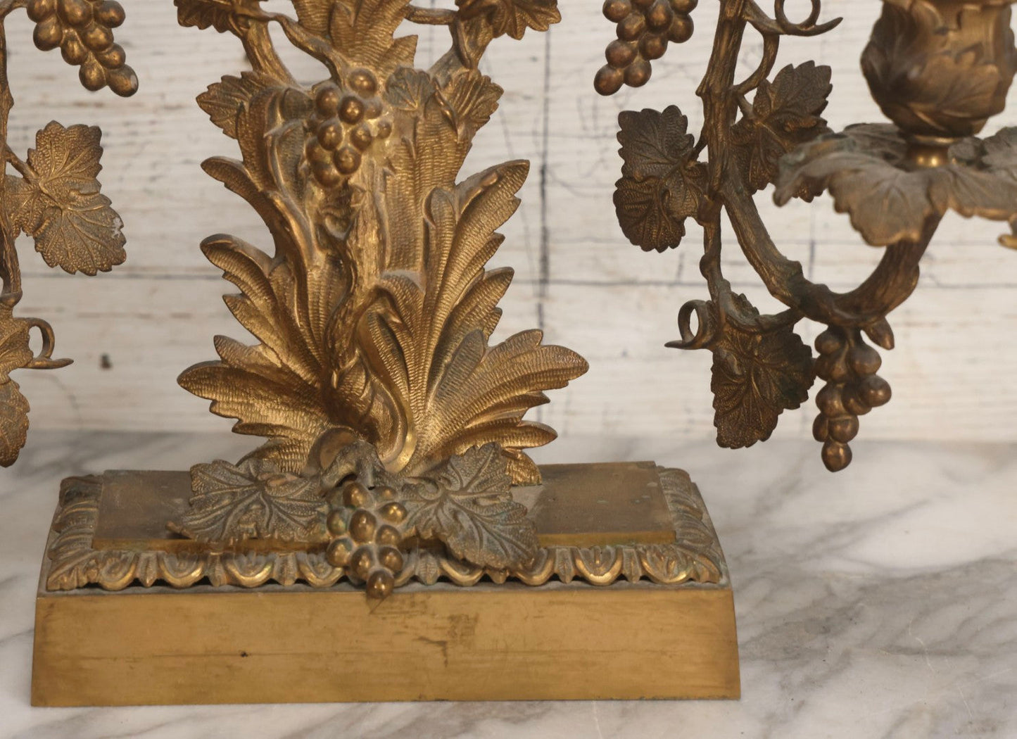Lot 011 - Pair Of Antique Brass Three-Arm Girandole Candelabras With Grape Leaf And Vine Motif, Circa Late 19th Century, 15-1/4" H Each
