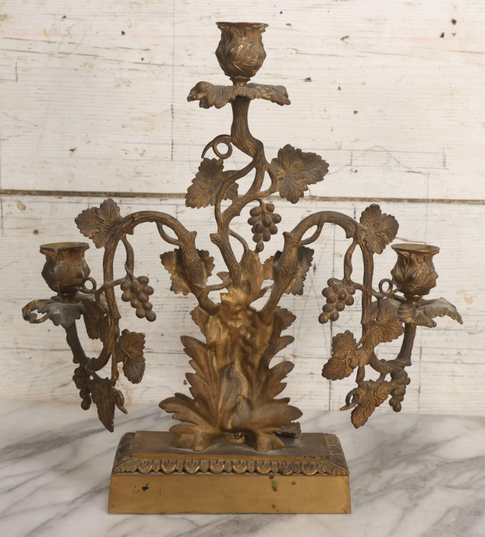 Lot 011 - Pair Of Antique Brass Three-Arm Girandole Candelabras With Grape Leaf And Vine Motif, Circa Late 19th Century, 15-1/4" H Each