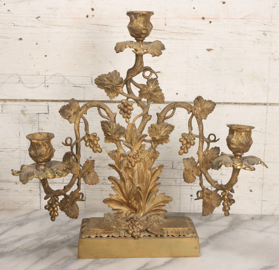 Lot 011 - Pair Of Antique Brass Three-Arm Girandole Candelabras With Grape Leaf And Vine Motif, Circa Late 19th Century, 15-1/4" H Each
