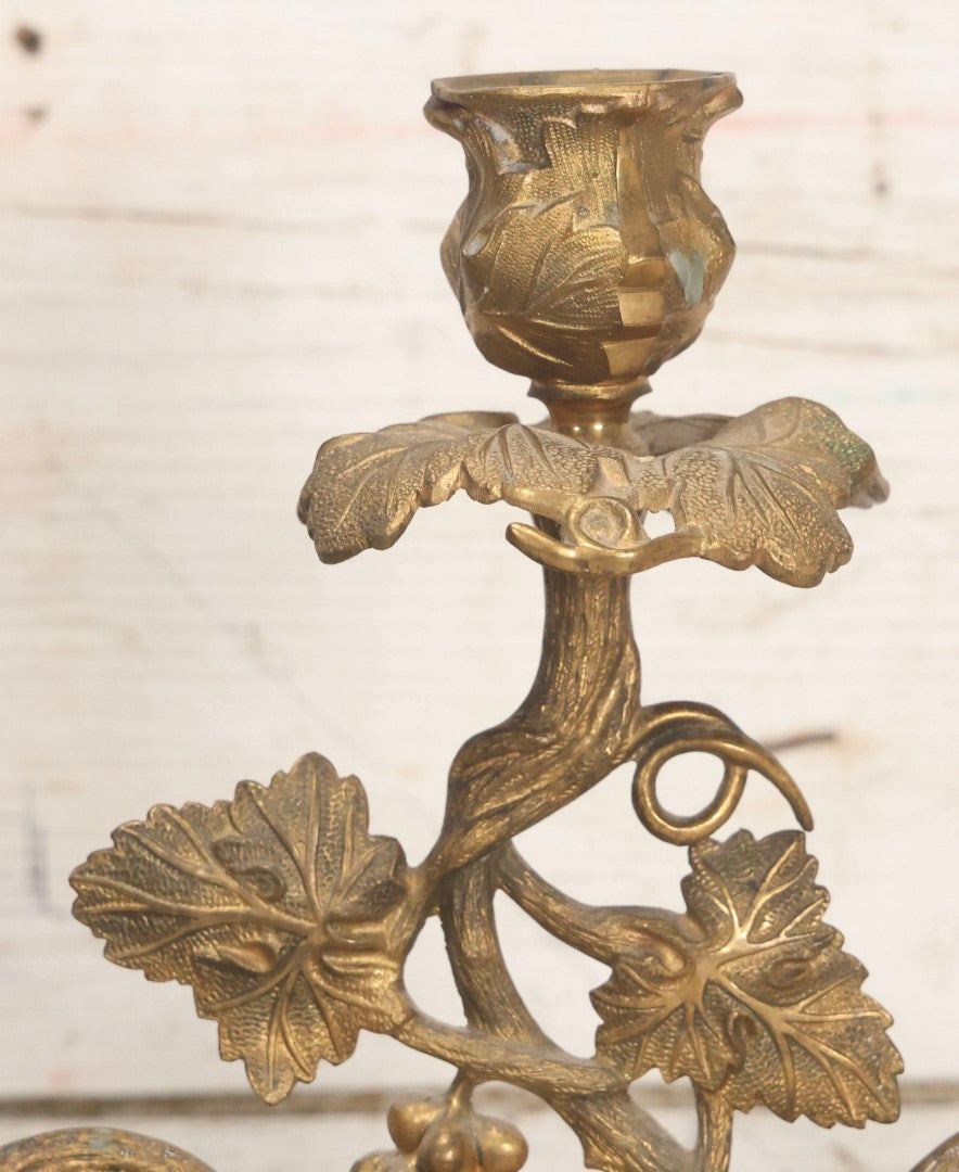 Lot 011 - Pair Of Antique Brass Three-Arm Girandole Candelabras With Grape Leaf And Vine Motif, Circa Late 19th Century, 15-1/4" H Each