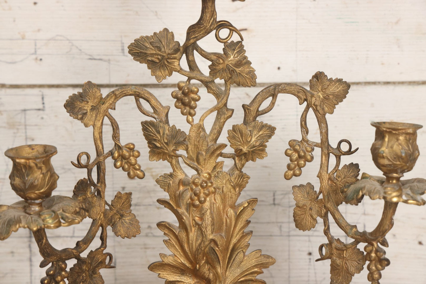 Lot 011 - Pair Of Antique Brass Three-Arm Girandole Candelabras With Grape Leaf And Vine Motif, Circa Late 19th Century, 15-1/4" H Each