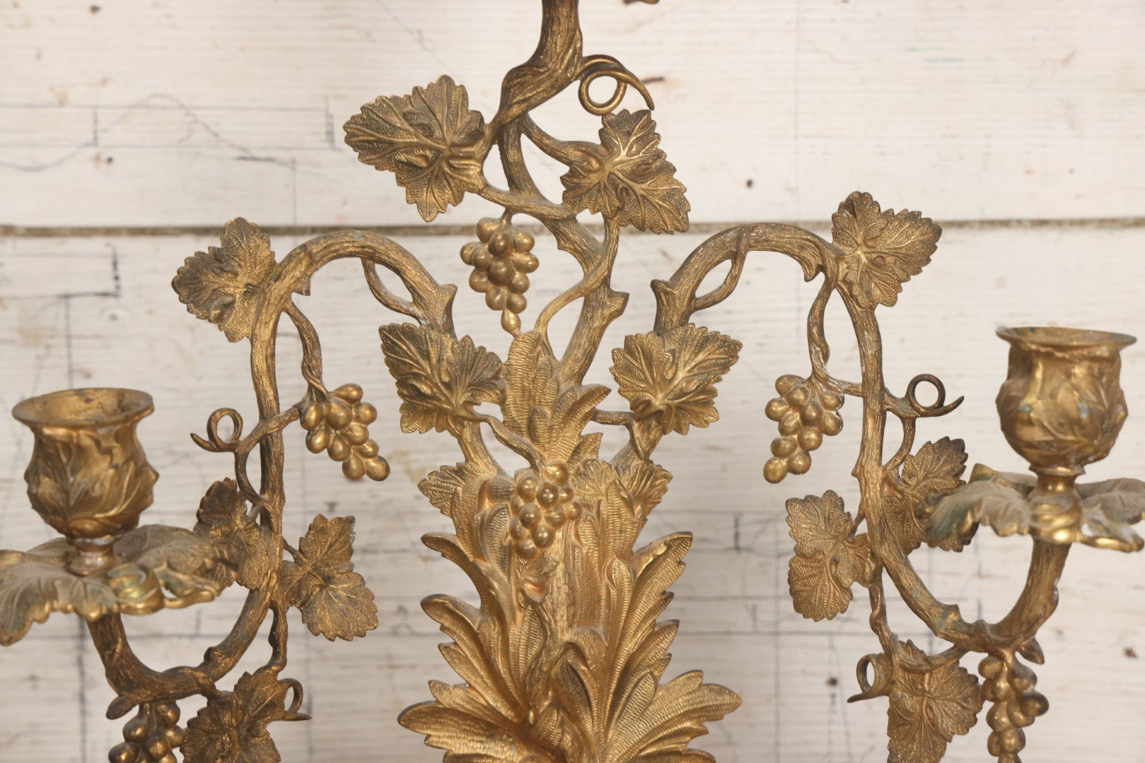 Lot 011 - Pair Of Antique Brass Three-Arm Girandole Candelabras With Grape Leaf And Vine Motif, Circa Late 19th Century, 15-1/4" H Each