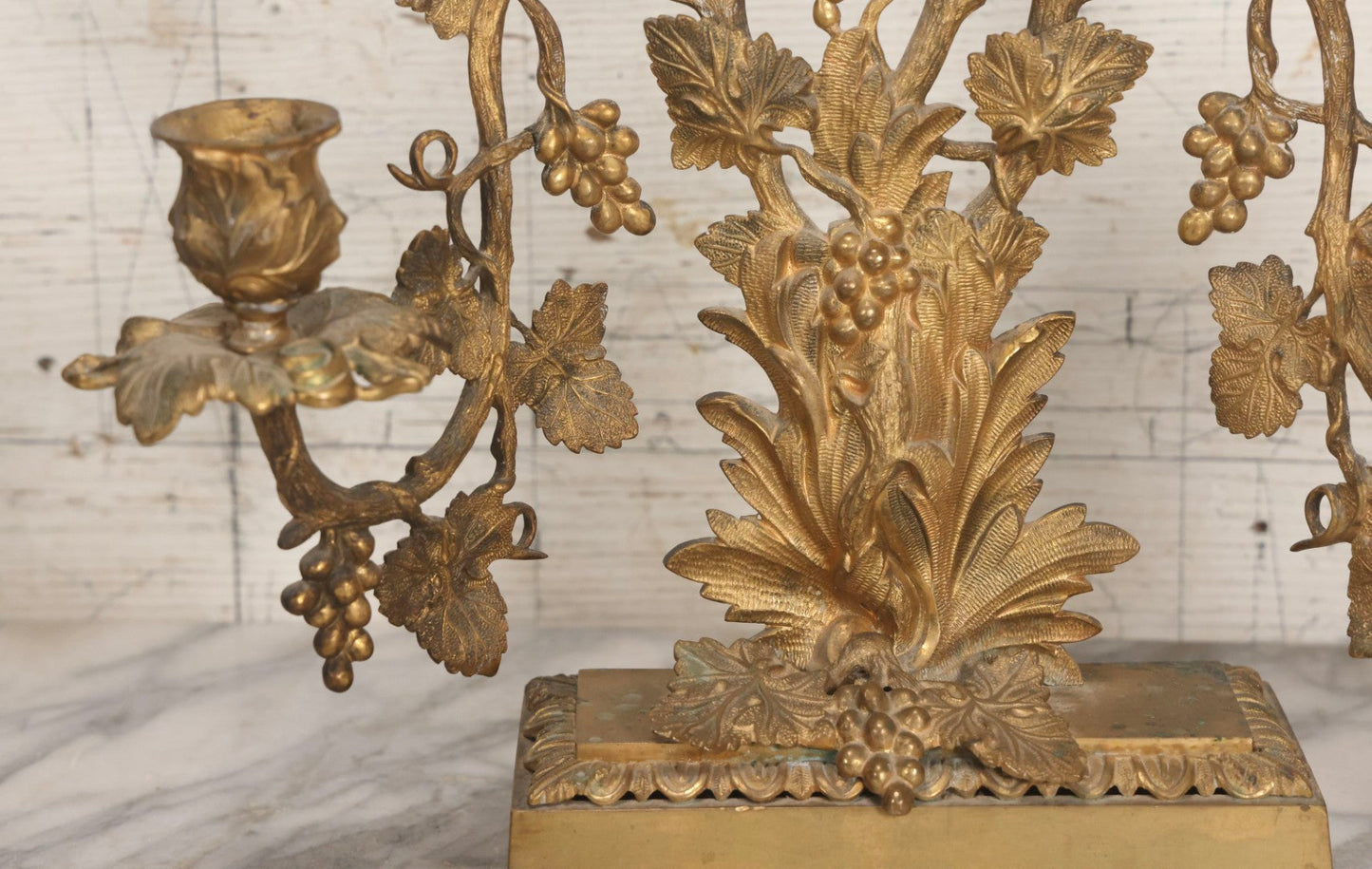 Lot 011 - Pair Of Antique Brass Three-Arm Girandole Candelabras With Grape Leaf And Vine Motif, Circa Late 19th Century, 15-1/4" H Each