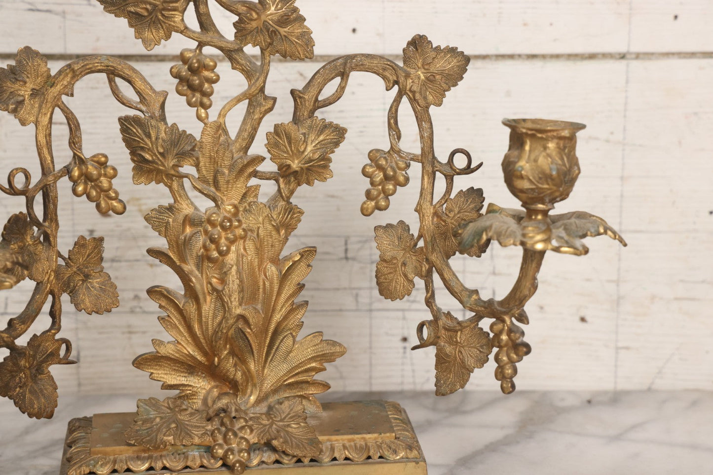 Lot 011 - Pair Of Antique Brass Three-Arm Girandole Candelabras With Grape Leaf And Vine Motif, Circa Late 19th Century, 15-1/4" H Each