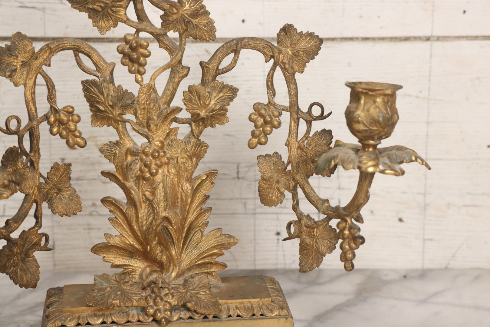 Lot 011 - Pair Of Antique Brass Three-Arm Girandole Candelabras With Grape Leaf And Vine Motif, Circa Late 19th Century, 15-1/4" H Each