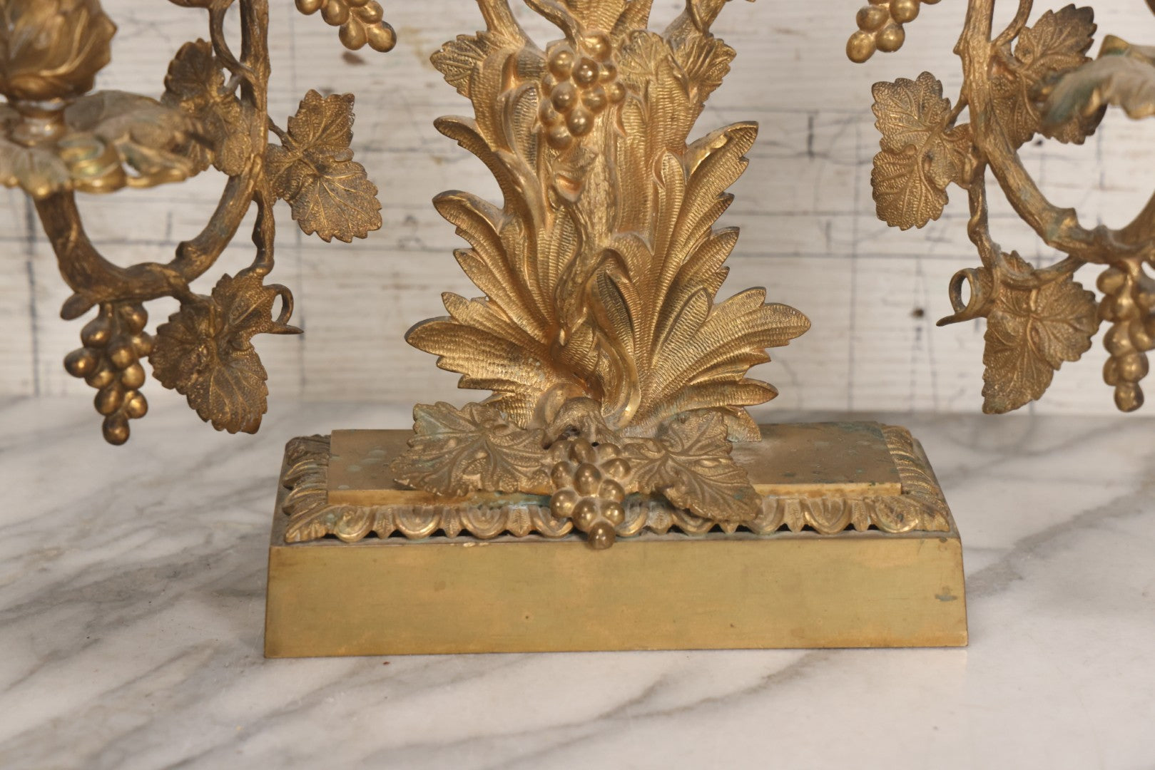 Lot 011 - Pair Of Antique Brass Three-Arm Girandole Candelabras With Grape Leaf And Vine Motif, Circa Late 19th Century, 15-1/4" H Each