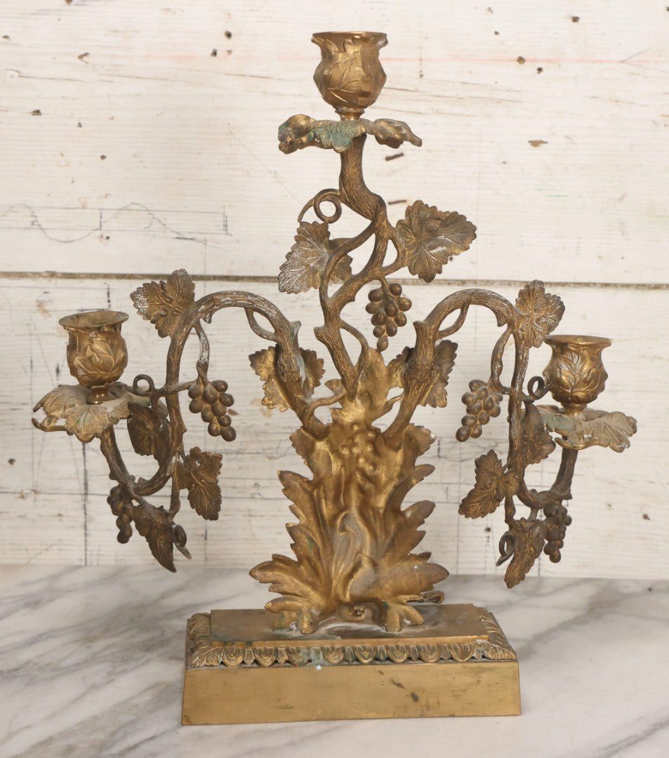 Lot 011 - Pair Of Antique Brass Three-Arm Girandole Candelabras With Grape Leaf And Vine Motif, Circa Late 19th Century, 15-1/4" H Each